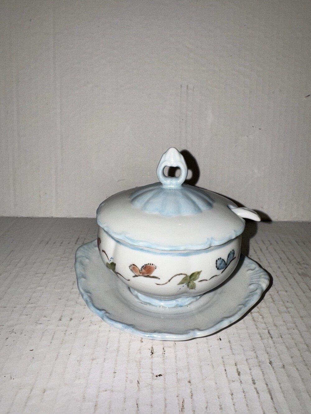 Haas & Czjzek Butterfly Jam Jelly Pot Blue White Porcelain Lid Plate Spoon Set